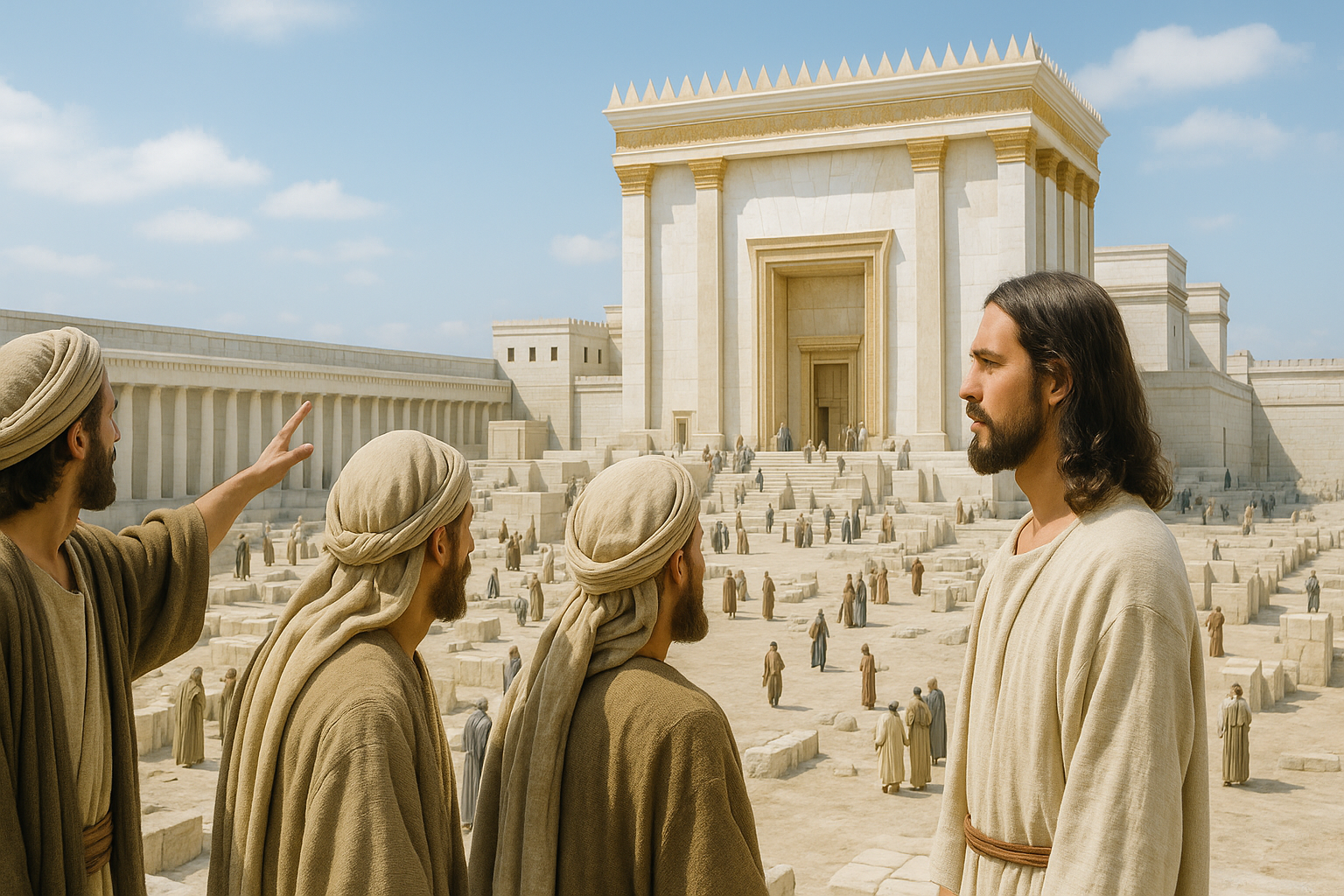 Jesus com os discípulos no Monte das Oliveiras, observando a grandiosa reforma do Templo de Jerusalém, conforme descrito em Mateus 24.
